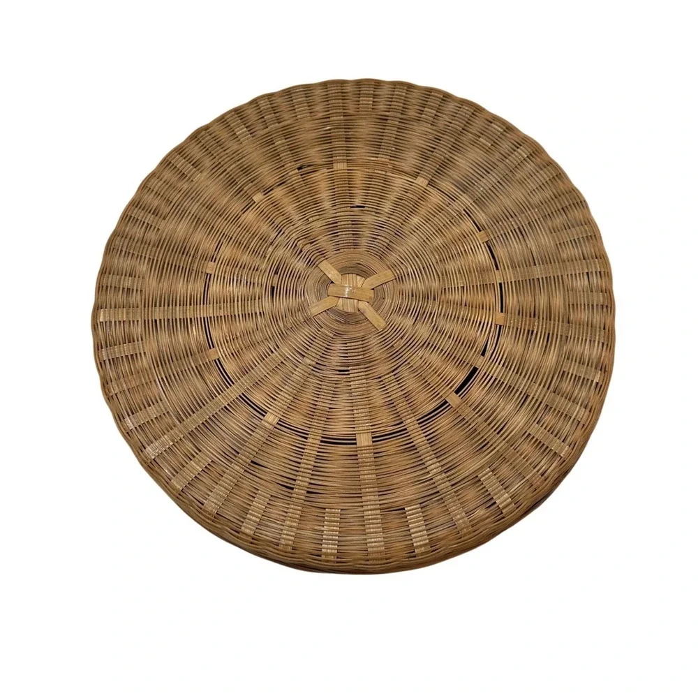 Vintage Handmade Round Woven Wicker Basket Lid Natural Brown Boho Storage 9.5in